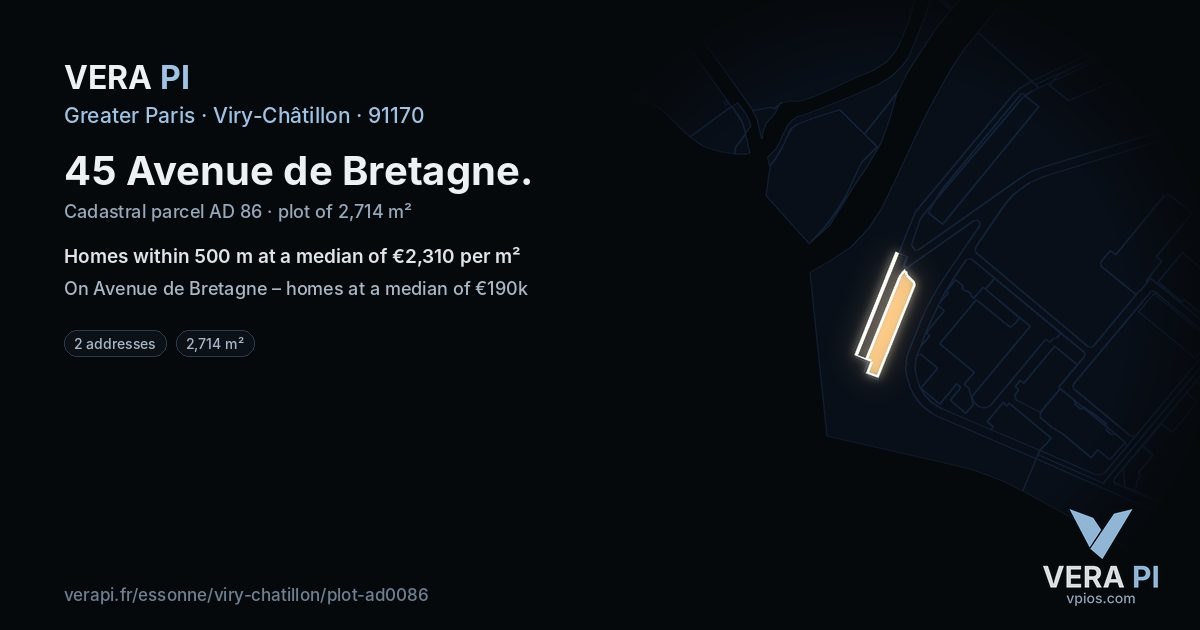45 Avenue de Bretagne, Viry-Châtillon at night – the plot lit, the parcels around coloured by the prices near them