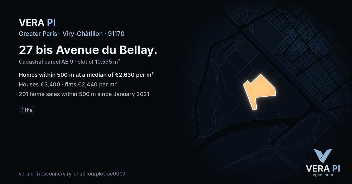 27 bis Avenue du Bellay, Viry-Châtillon at night – the plot lit, the parcels around coloured by the prices near them