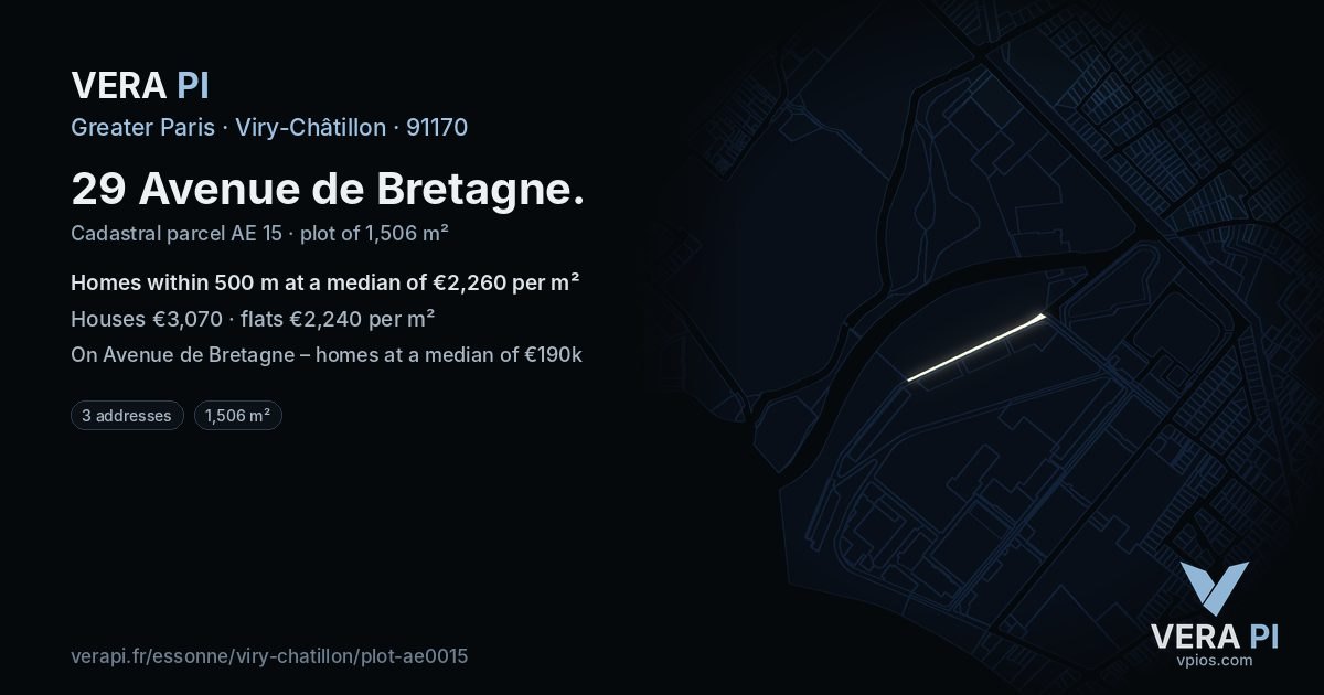 29 Avenue de Bretagne, Viry-Châtillon at night – the plot lit, the parcels around coloured by the prices near them