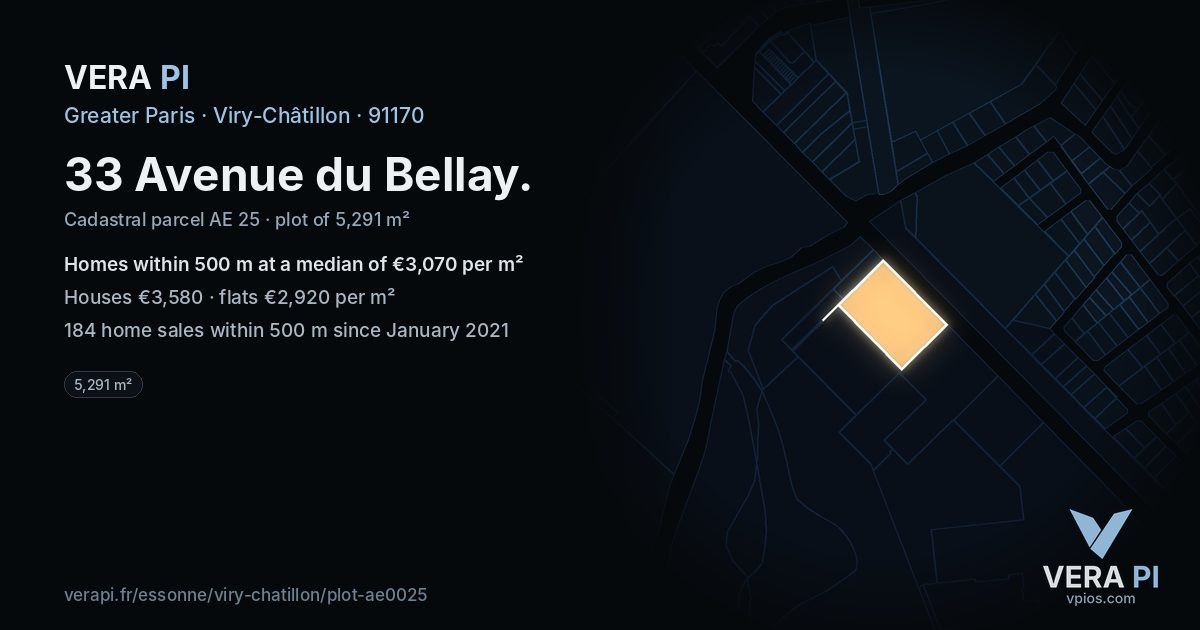33 Avenue du Bellay, Viry-Châtillon at night – the plot lit, the parcels around coloured by the prices near them