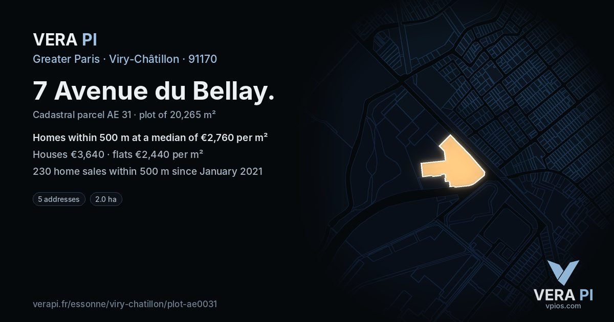 7 Avenue du Bellay, Viry-Châtillon at night – the plot lit, the parcels around coloured by the prices near them