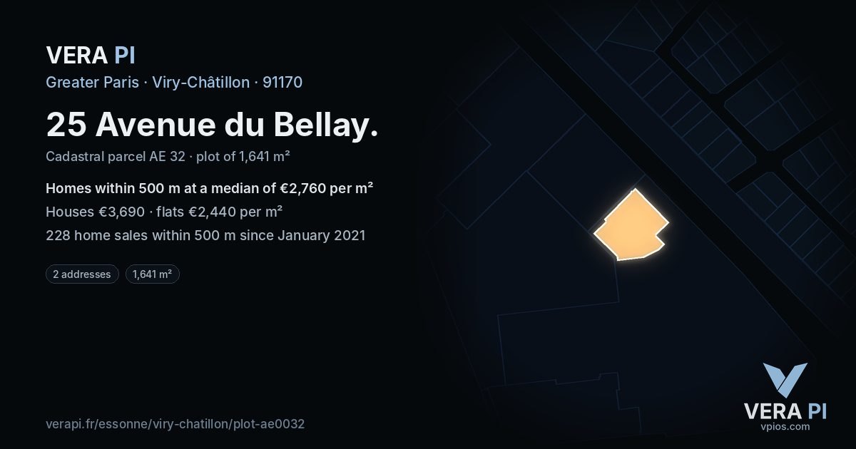 25 Avenue du Bellay, Viry-Châtillon at night – the plot lit, the parcels around coloured by the prices near them