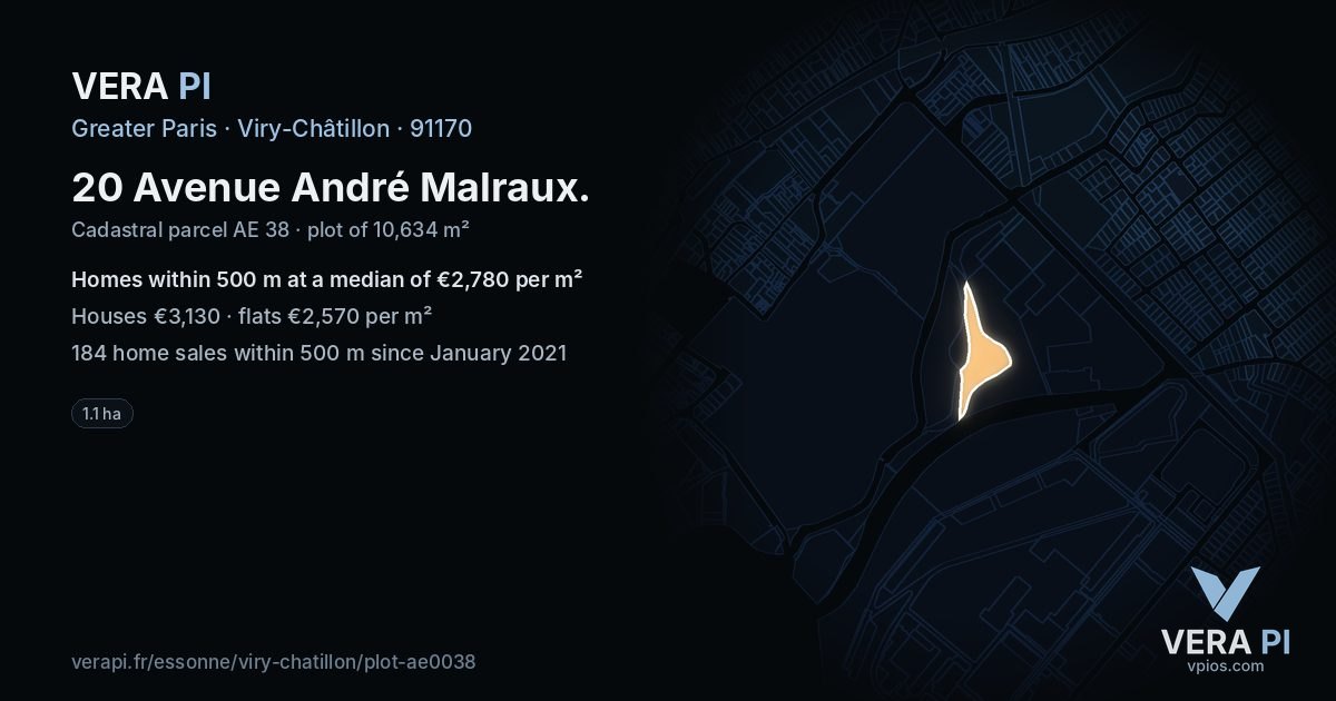20 Avenue André Malraux, Viry-Châtillon at night – the plot lit, the parcels around coloured by the prices near them