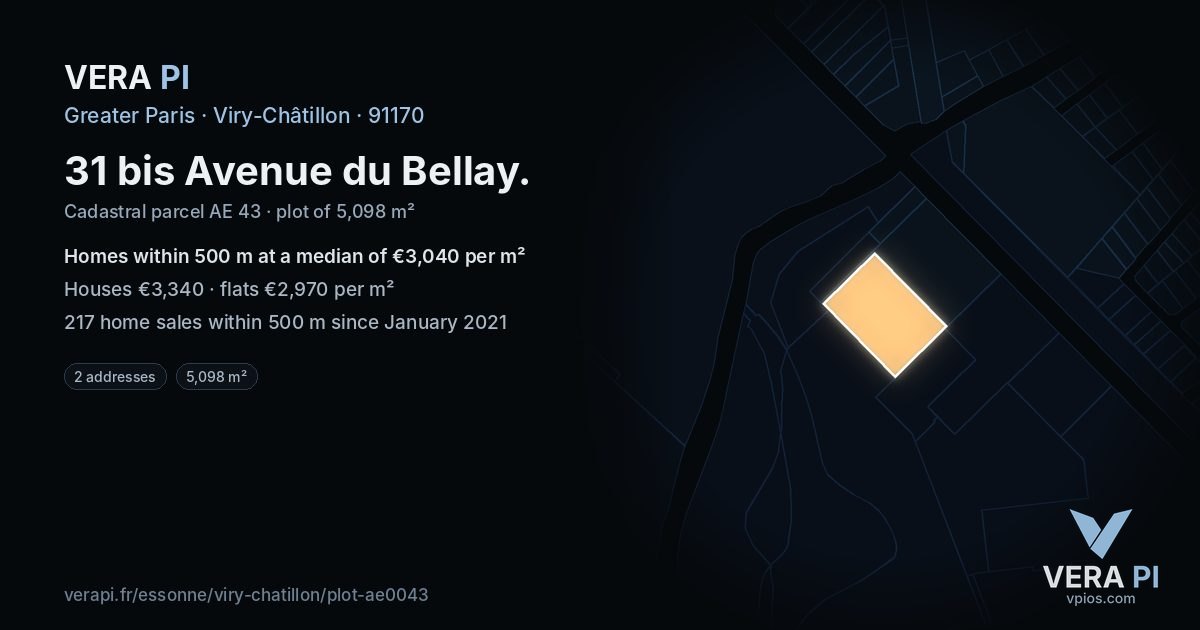 31 bis Avenue du Bellay, Viry-Châtillon at night – the plot lit, the parcels around coloured by the prices near them