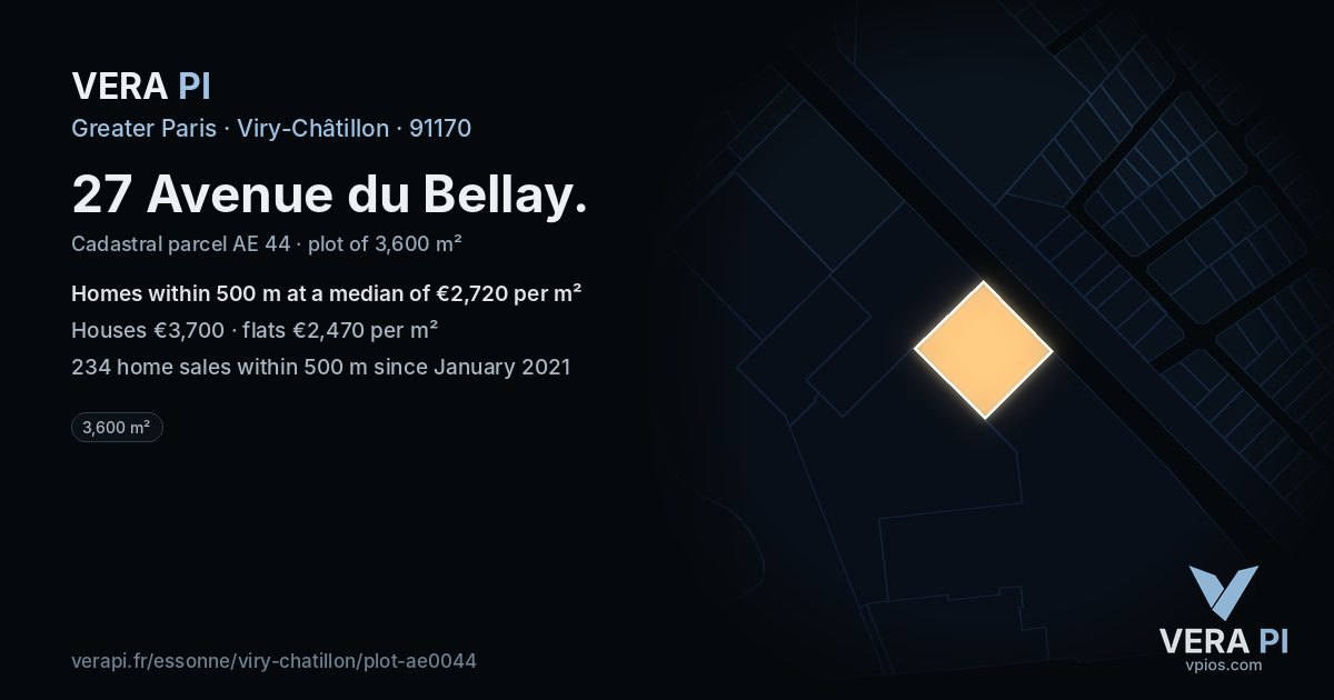 27 Avenue du Bellay, Viry-Châtillon at night – the plot lit, the parcels around coloured by the prices near them