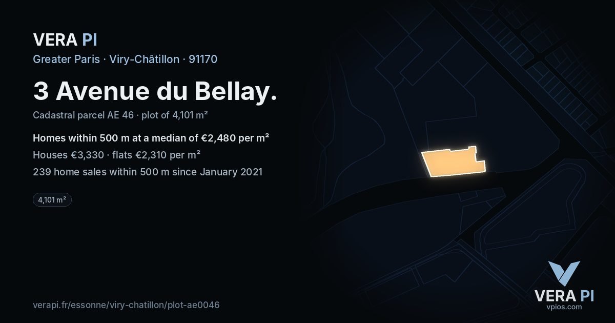 3 Avenue du Bellay, Viry-Châtillon at night – the plot lit, the parcels around coloured by the prices near them