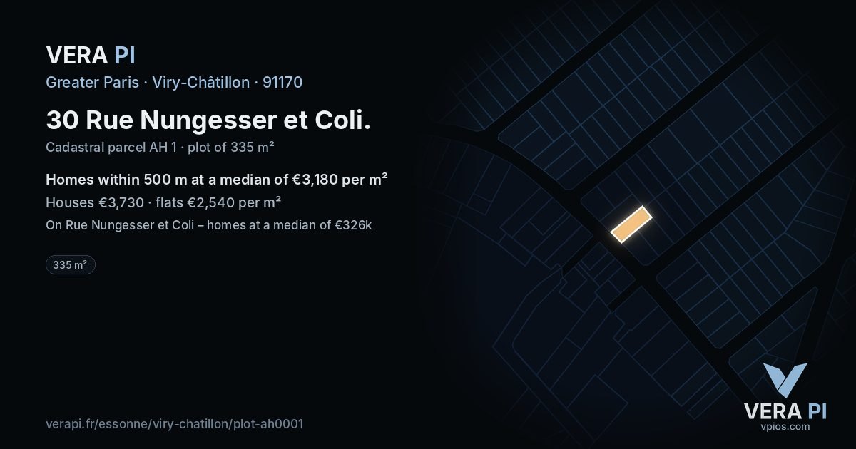30 Rue Nungesser et Coli, Viry-Châtillon at night – the plot lit, the parcels around coloured by the prices near them