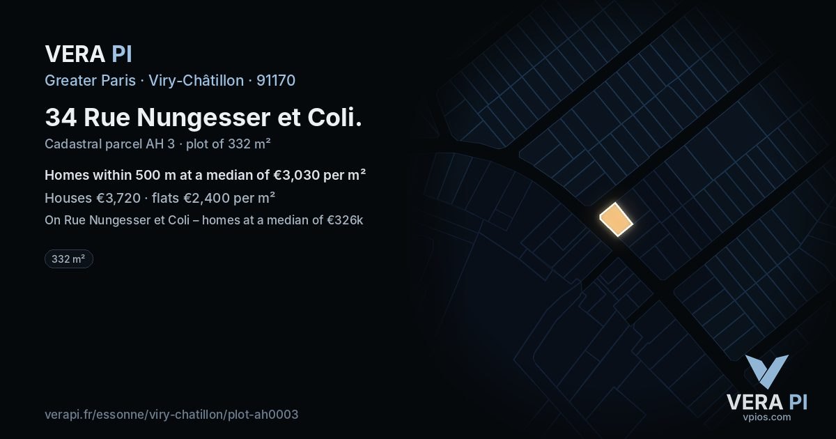 34 Rue Nungesser et Coli, Viry-Châtillon at night – the plot lit, the parcels around coloured by the prices near them