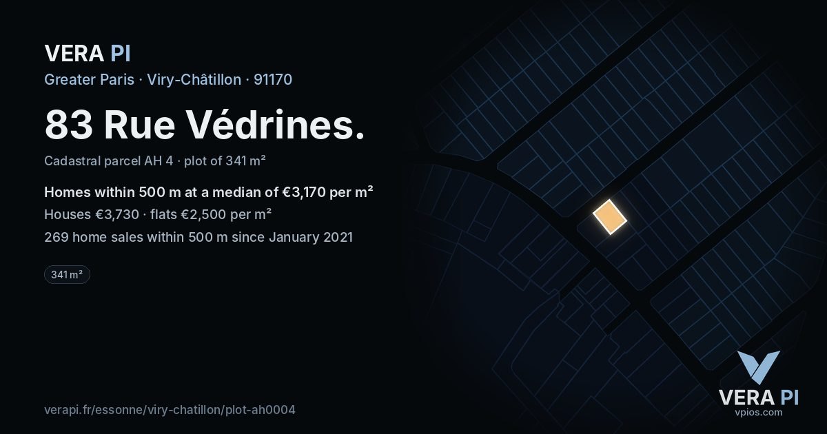 83 Rue Védrines, Viry-Châtillon at night – the plot lit, the parcels around coloured by the prices near them