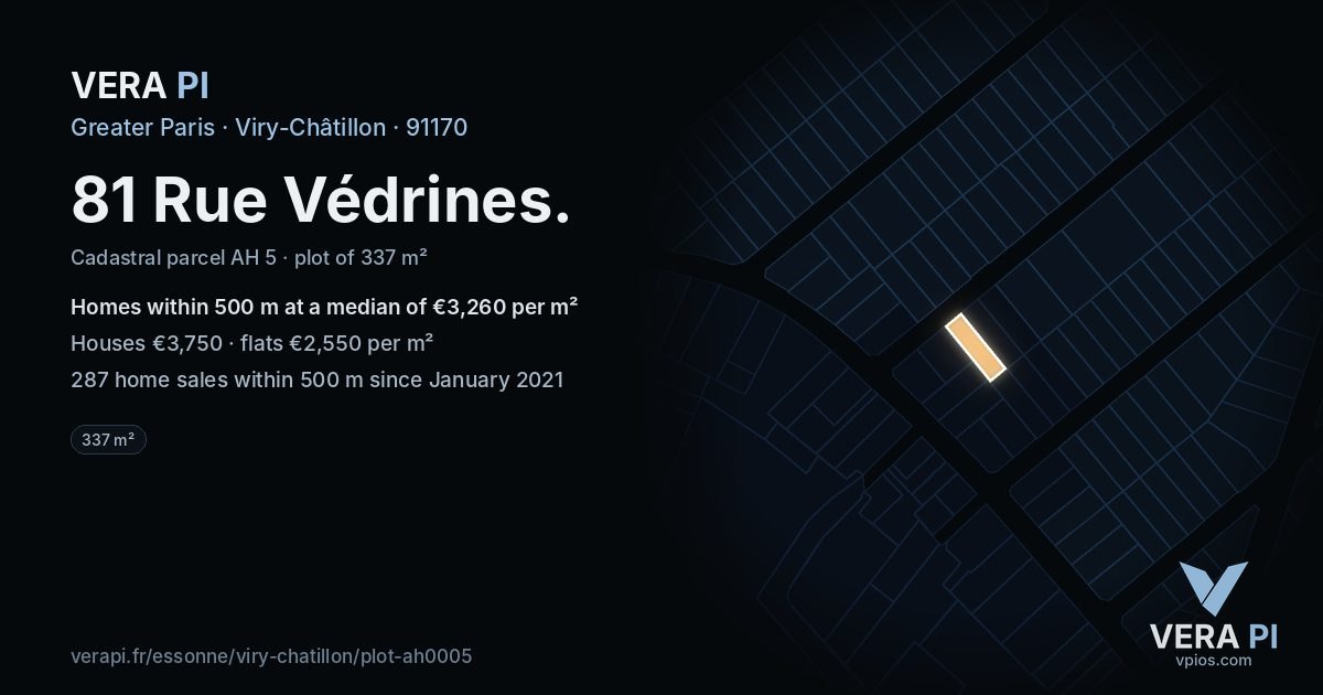 81 Rue Védrines, Viry-Châtillon at night – the plot lit, the parcels around coloured by the prices near them