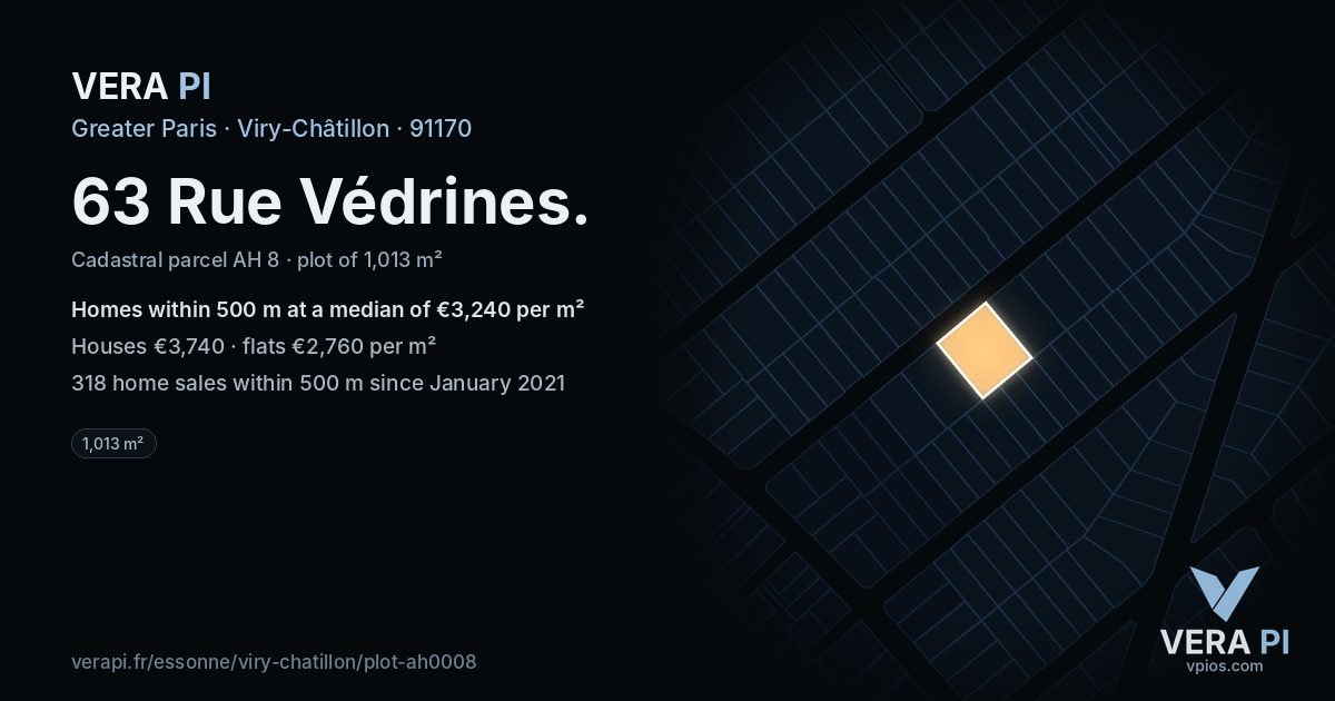 63 Rue Védrines, Viry-Châtillon at night – the plot lit, the parcels around coloured by the prices near them