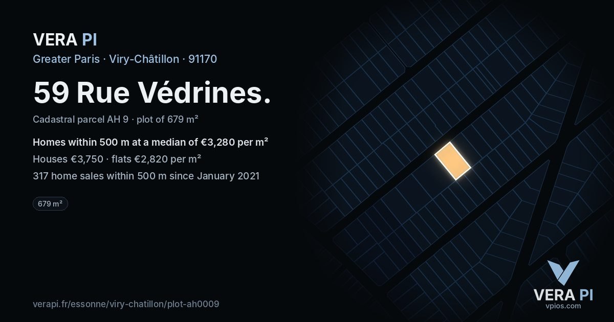 59 Rue Védrines, Viry-Châtillon at night – the plot lit, the parcels around coloured by the prices near them