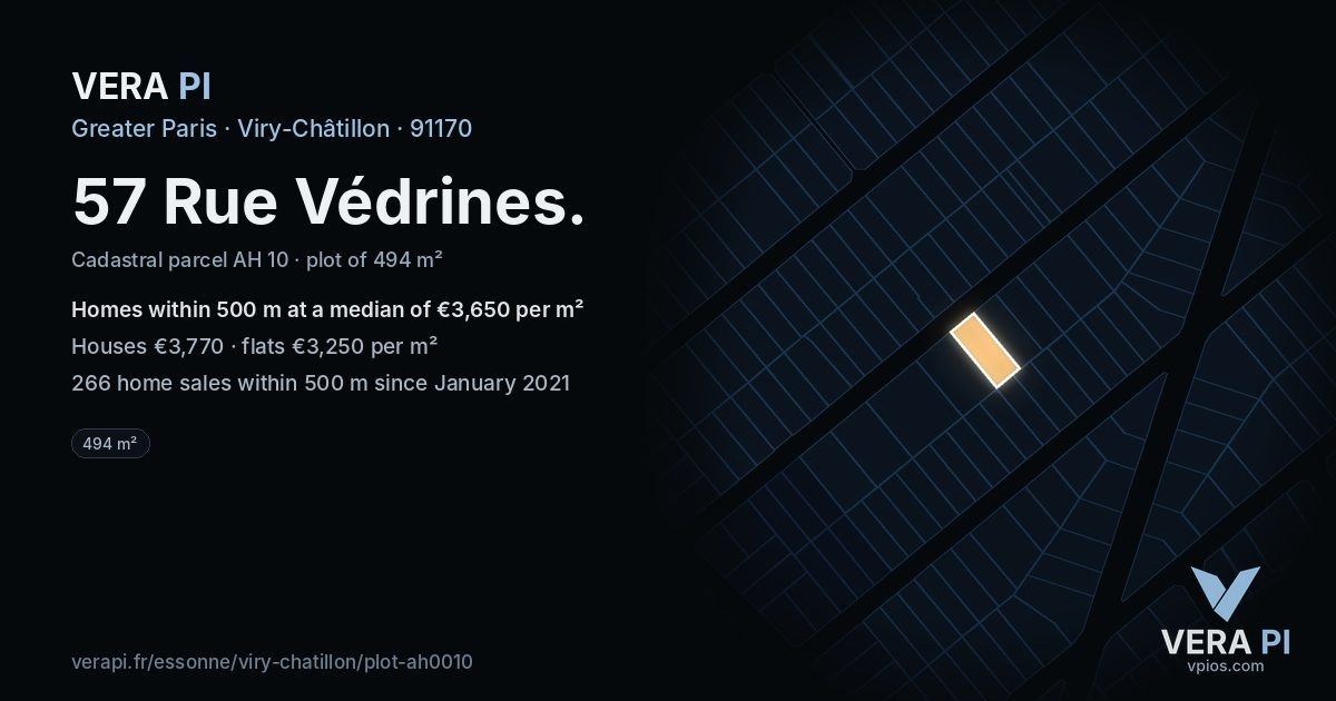 57 Rue Védrines, Viry-Châtillon at night – the plot lit, the parcels around coloured by the prices near them