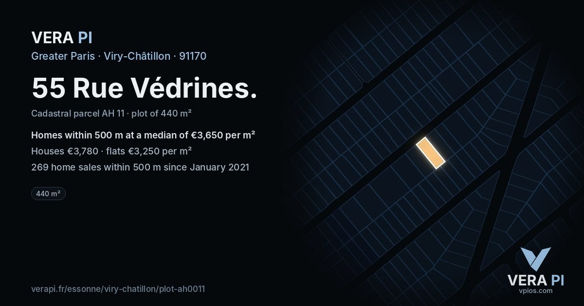 55 Rue Védrines, Viry-Châtillon at night – the plot lit, the parcels around coloured by the prices near them