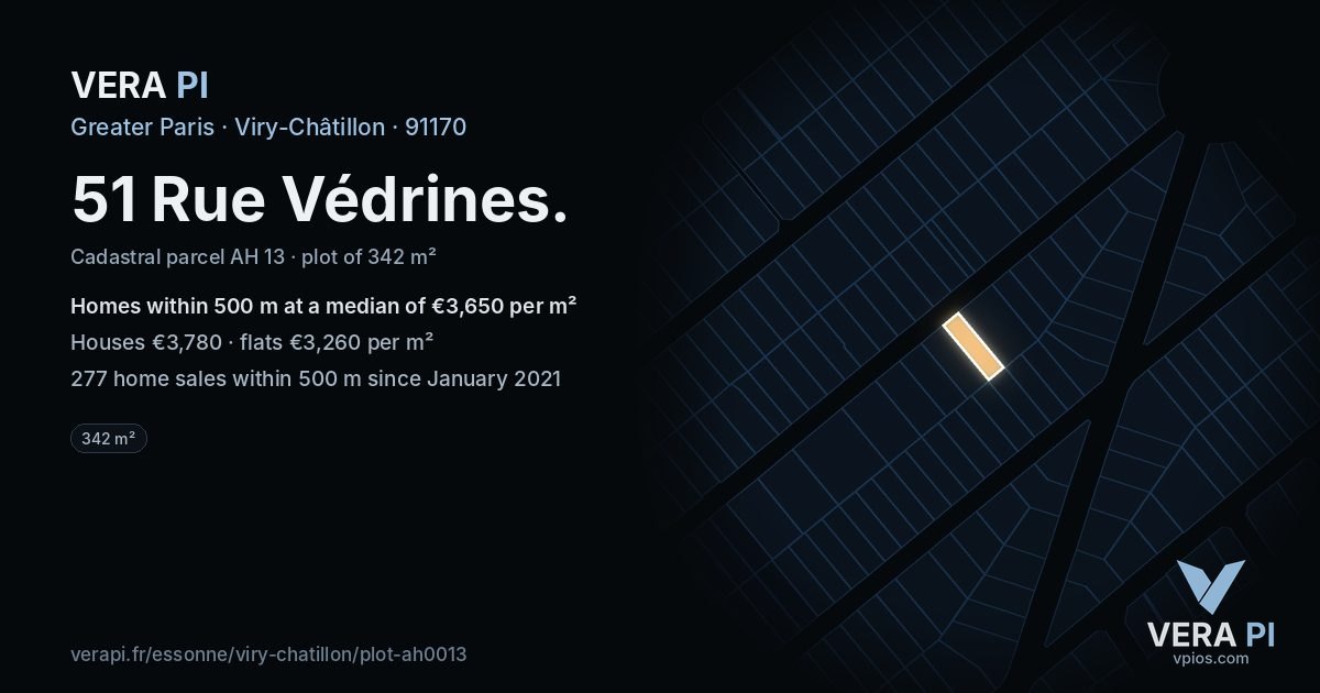 51 Rue Védrines, Viry-Châtillon at night – the plot lit, the parcels around coloured by the prices near them