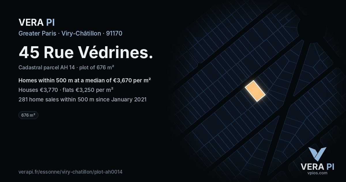 45 Rue Védrines, Viry-Châtillon at night – the plot lit, the parcels around coloured by the prices near them