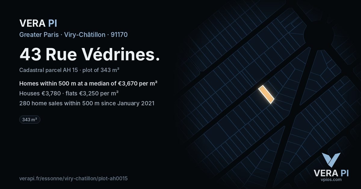 43 Rue Védrines, Viry-Châtillon at night – the plot lit, the parcels around coloured by the prices near them