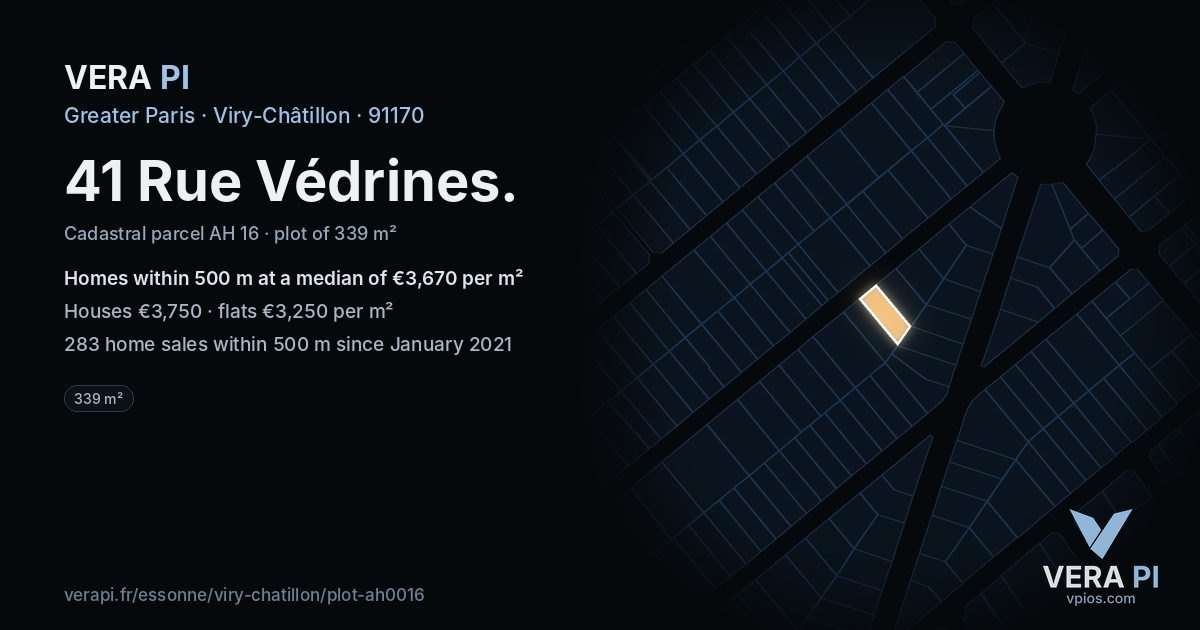 41 Rue Védrines, Viry-Châtillon at night – the plot lit, the parcels around coloured by the prices near them