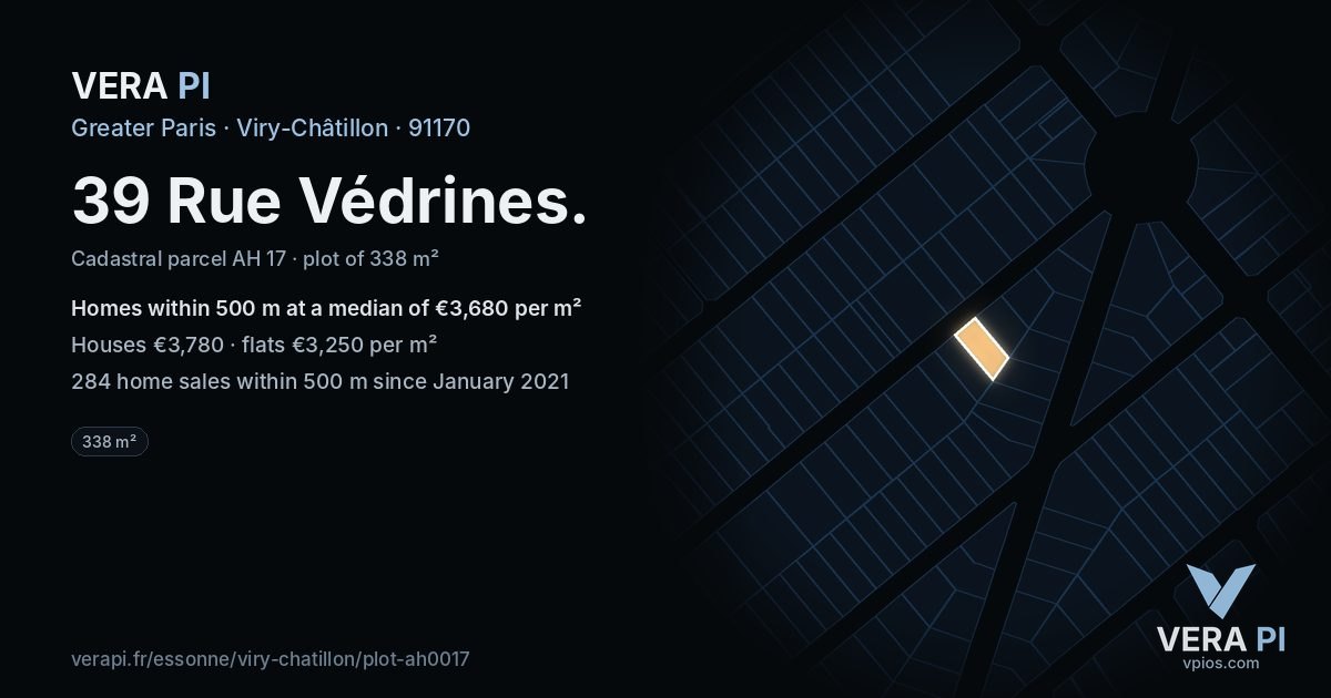 39 Rue Védrines, Viry-Châtillon at night – the plot lit, the parcels around coloured by the prices near them