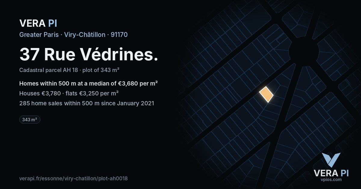 37 Rue Védrines, Viry-Châtillon at night – the plot lit, the parcels around coloured by the prices near them