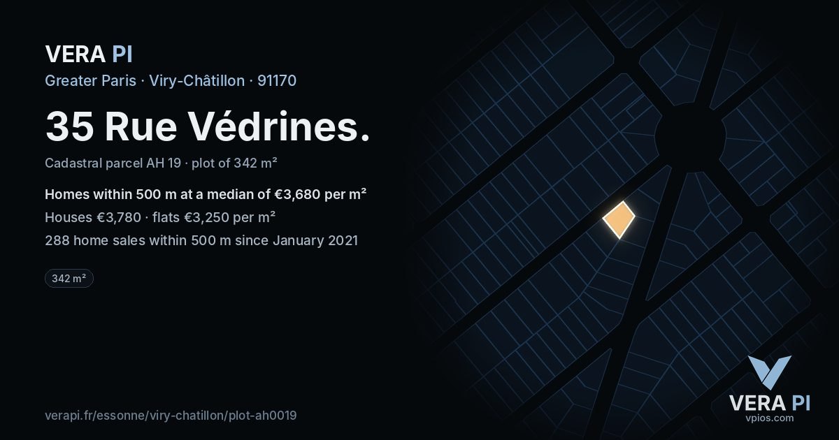 35 Rue Védrines, Viry-Châtillon at night – the plot lit, the parcels around coloured by the prices near them