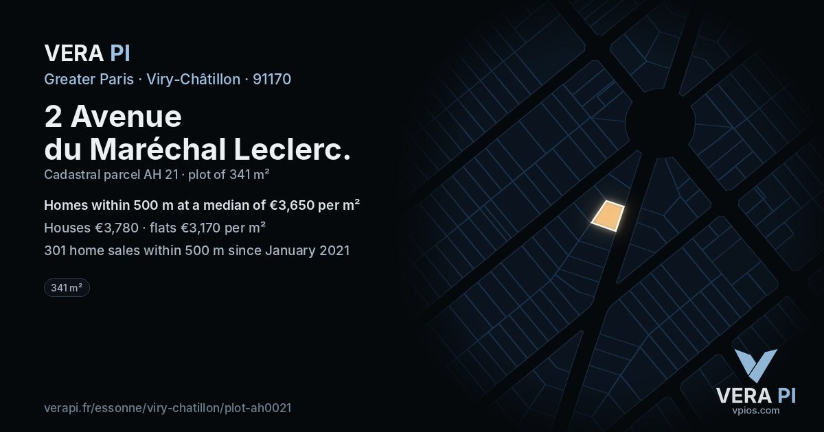 2 Avenue du Maréchal Leclerc, Viry-Châtillon at night – the plot lit, the parcels around coloured by the prices near them