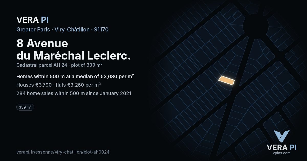 8 Avenue du Maréchal Leclerc, Viry-Châtillon at night – the plot lit, the parcels around coloured by the prices near them