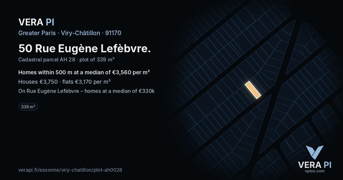 50 Rue Eugène Lefèbvre, Viry-Châtillon at night – the plot lit, the parcels around coloured by the prices near them