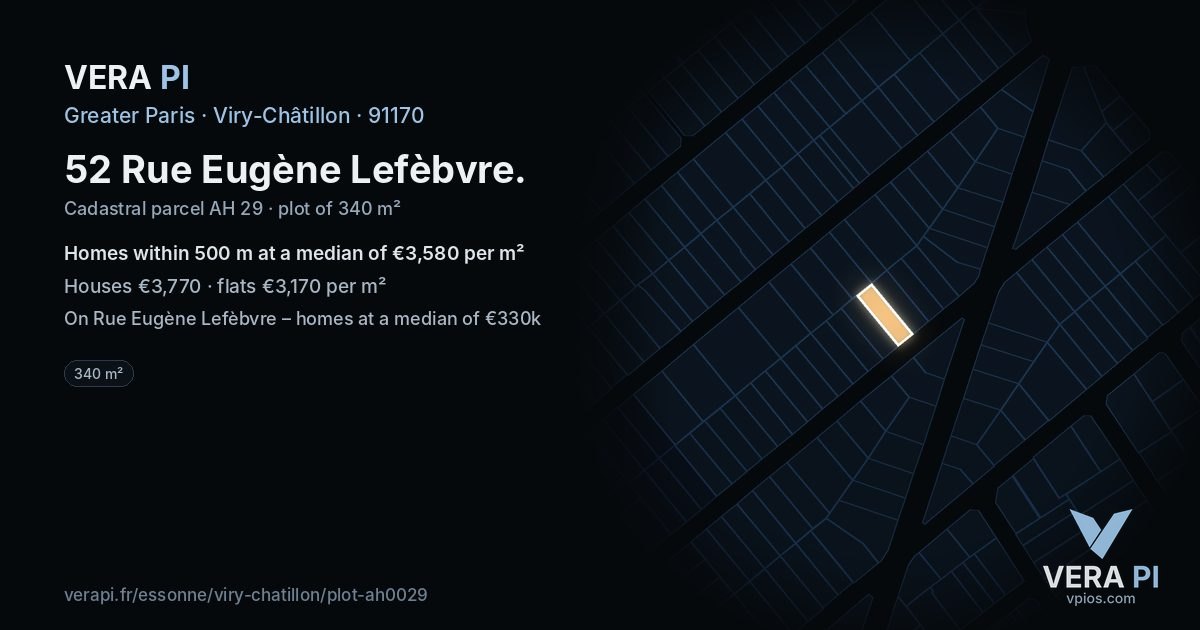 52 Rue Eugène Lefèbvre, Viry-Châtillon at night – the plot lit, the parcels around coloured by the prices near them