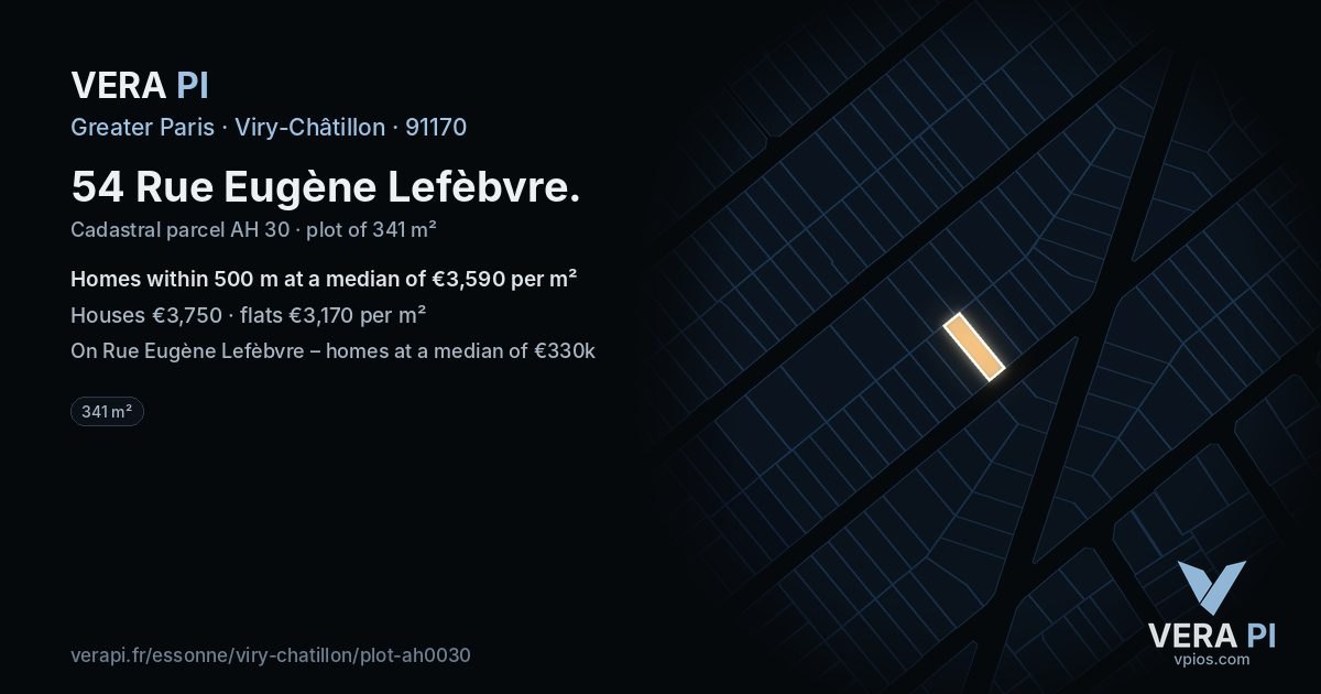 54 Rue Eugène Lefèbvre, Viry-Châtillon at night – the plot lit, the parcels around coloured by the prices near them