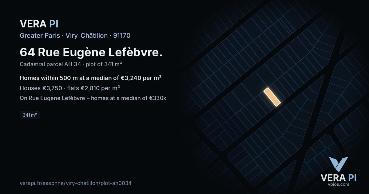 64 Rue Eugène Lefèbvre, Viry-Châtillon at night – the plot lit, the parcels around coloured by the prices near them
