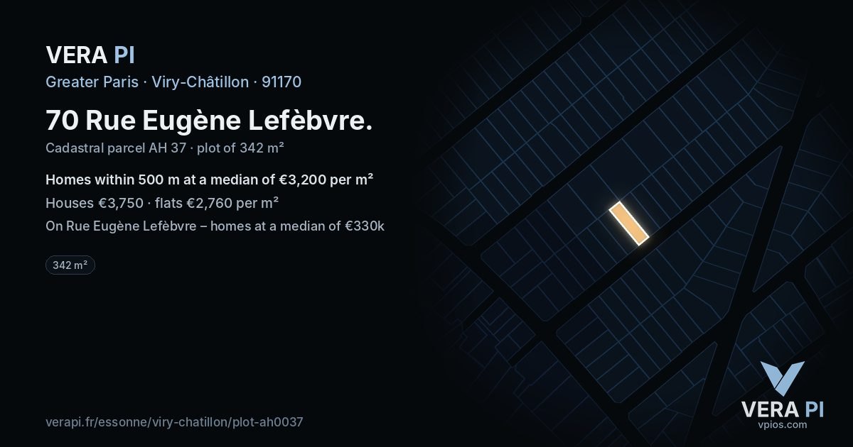70 Rue Eugène Lefèbvre, Viry-Châtillon at night – the plot lit, the parcels around coloured by the prices near them