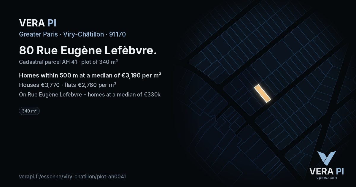 80 Rue Eugène Lefèbvre, Viry-Châtillon at night – the plot lit, the parcels around coloured by the prices near them
