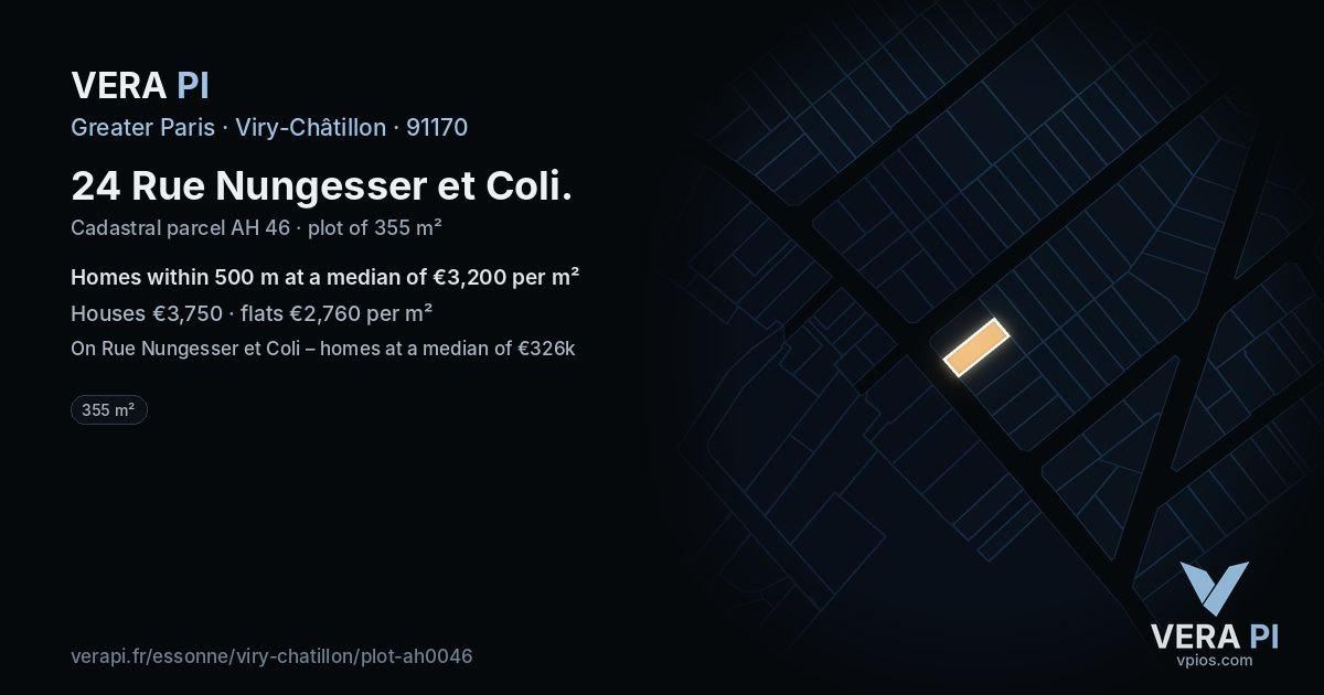 24 Rue Nungesser et Coli, Viry-Châtillon at night – the plot lit, the parcels around coloured by the prices near them
