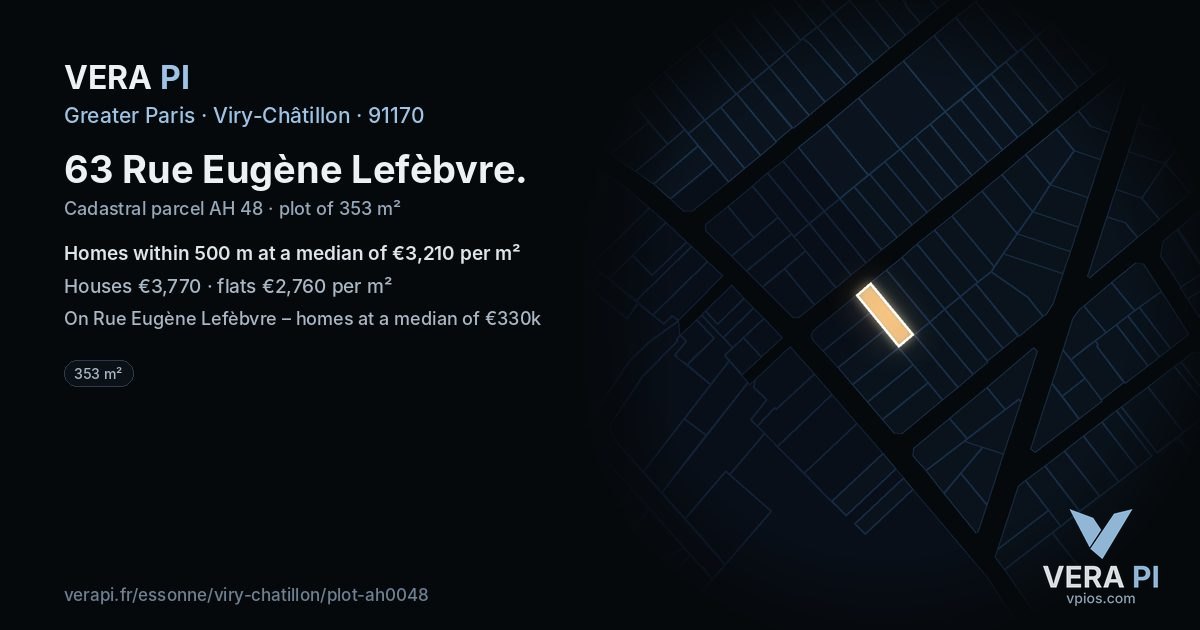 63 Rue Eugène Lefèbvre, Viry-Châtillon at night – the plot lit, the parcels around coloured by the prices near them