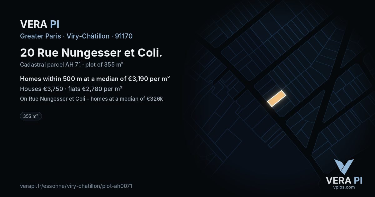 20 Rue Nungesser et Coli, Viry-Châtillon at night – the plot lit, the parcels around coloured by the prices near them