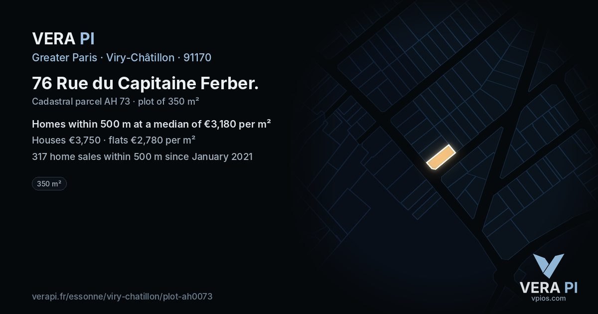 76 Rue du Capitaine Ferber, Viry-Châtillon at night – the plot lit, the parcels around coloured by the prices near them