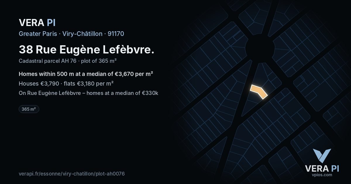 38 Rue Eugène Lefèbvre, Viry-Châtillon at night – the plot lit, the parcels around coloured by the prices near them