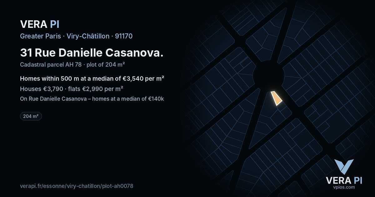 31 Rue Danielle Casanova, Viry-Châtillon at night – the plot lit, the parcels around coloured by the prices near them