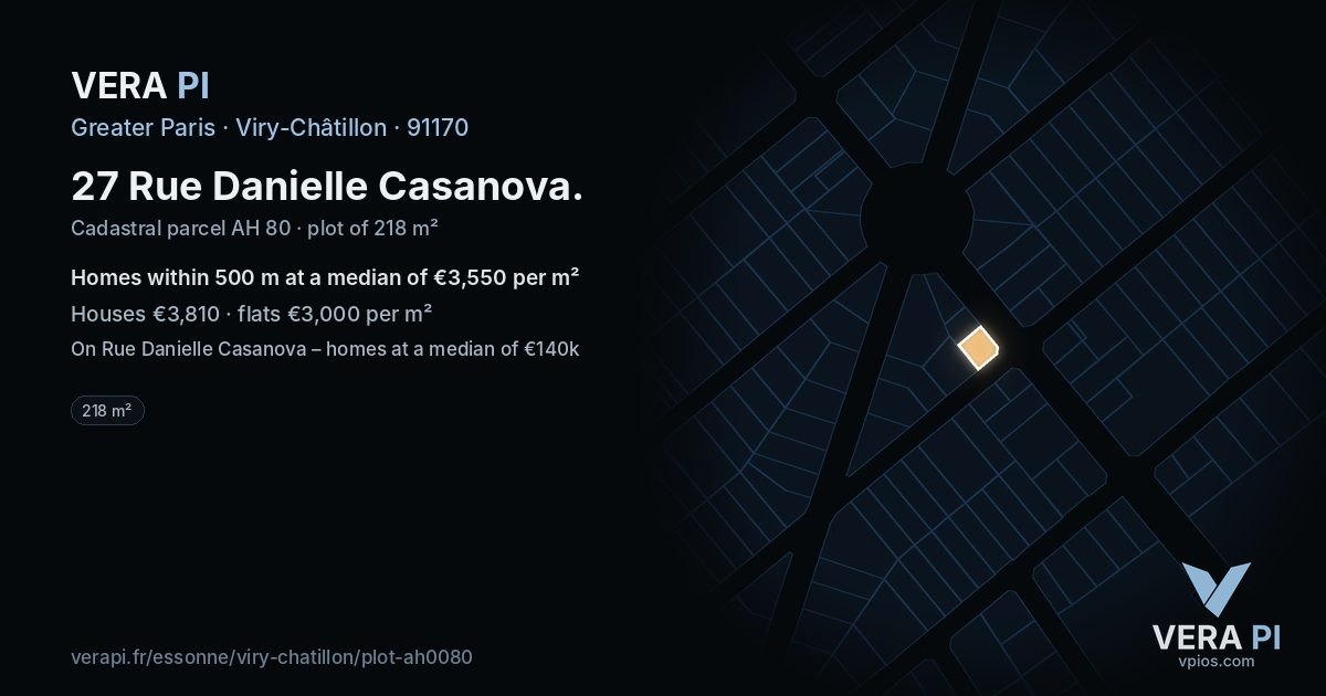 27 Rue Danielle Casanova, Viry-Châtillon at night – the plot lit, the parcels around coloured by the prices near them