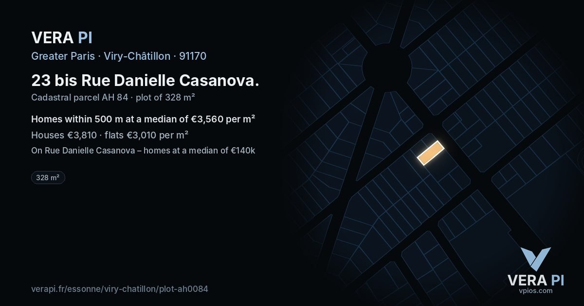 23 bis Rue Danielle Casanova, Viry-Châtillon at night – the plot lit, the parcels around coloured by the prices near them