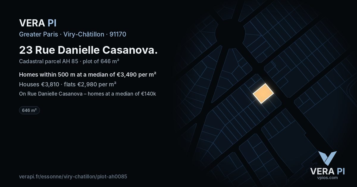 23 Rue Danielle Casanova, Viry-Châtillon at night – the plot lit, the parcels around coloured by the prices near them