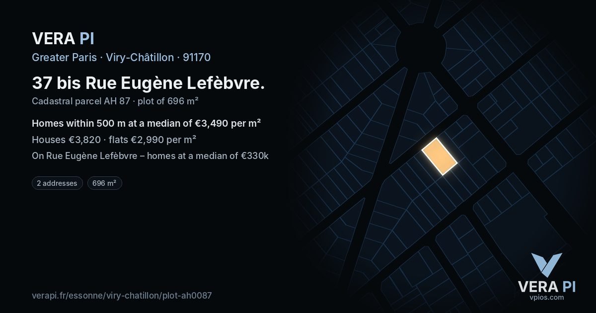 37 bis Rue Eugène Lefèbvre, Viry-Châtillon at night – the plot lit, the parcels around coloured by the prices near them