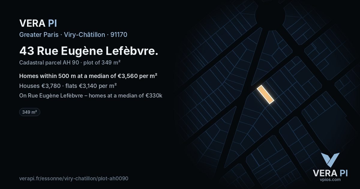 43 Rue Eugène Lefèbvre, Viry-Châtillon at night – the plot lit, the parcels around coloured by the prices near them