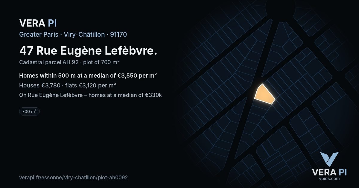 47 Rue Eugène Lefèbvre, Viry-Châtillon at night – the plot lit, the parcels around coloured by the prices near them