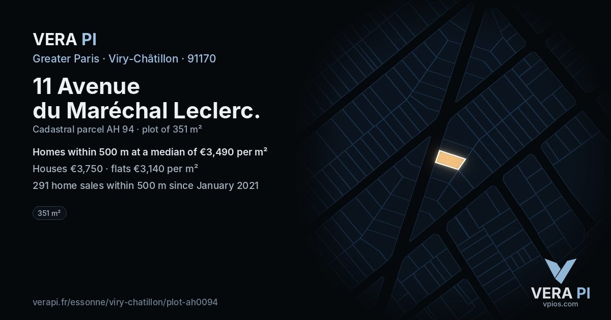 11 Avenue du Maréchal Leclerc, Viry-Châtillon at night – the plot lit, the parcels around coloured by the prices near them