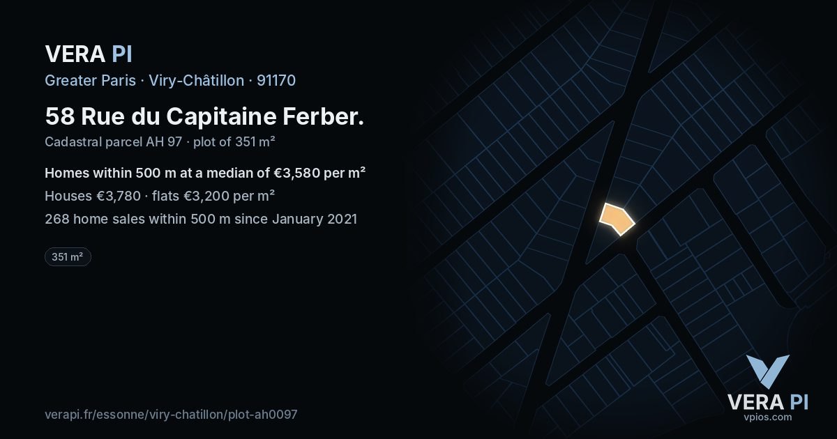 58 Rue du Capitaine Ferber, Viry-Châtillon at night – the plot lit, the parcels around coloured by the prices near them