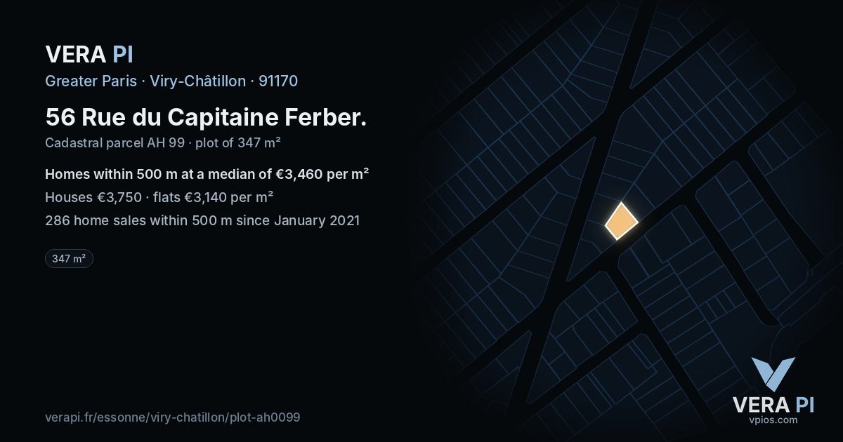56 Rue du Capitaine Ferber, Viry-Châtillon at night – the plot lit, the parcels around coloured by the prices near them