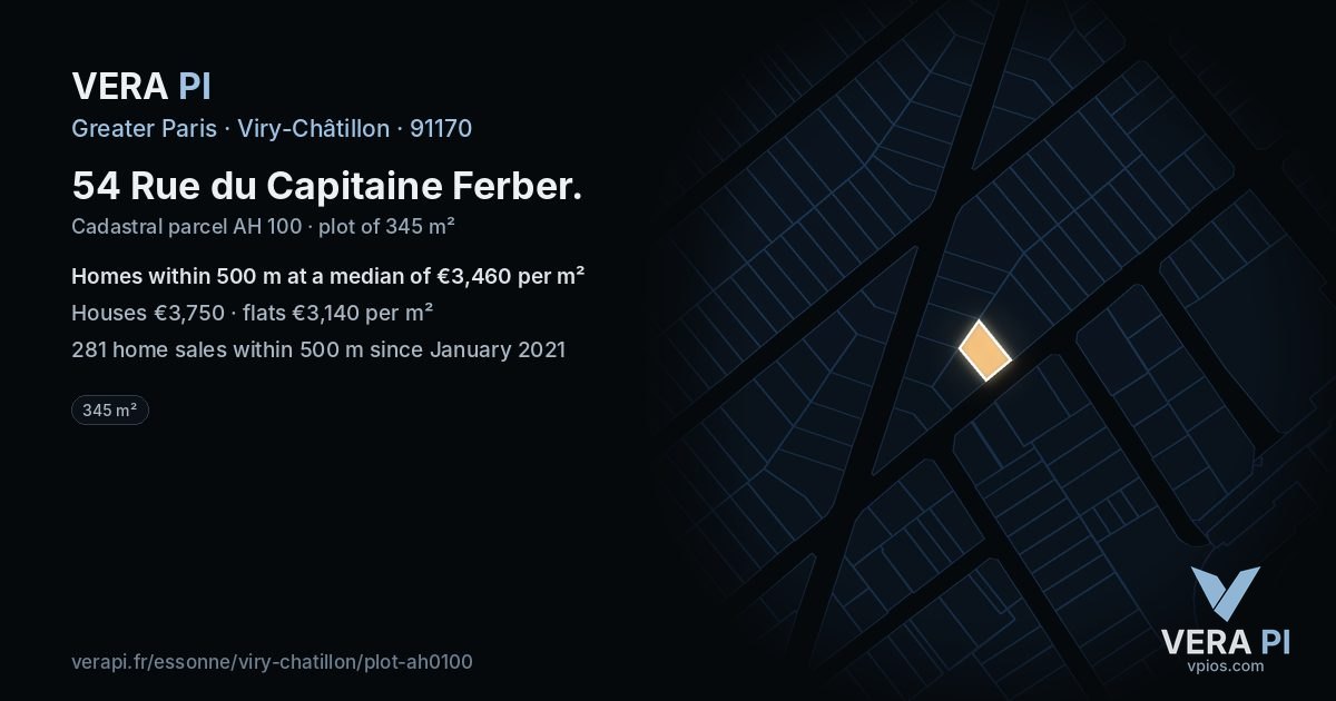 54 Rue du Capitaine Ferber, Viry-Châtillon at night – the plot lit, the parcels around coloured by the prices near them