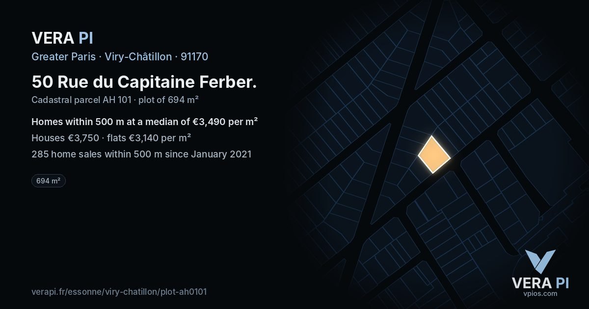 50 Rue du Capitaine Ferber, Viry-Châtillon at night – the plot lit, the parcels around coloured by the prices near them